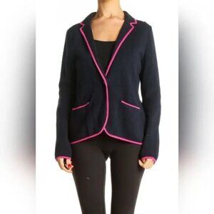 Talbots Women's Knit Single Button Collared Blazer Navy/Hot Pink L Fall Sweater